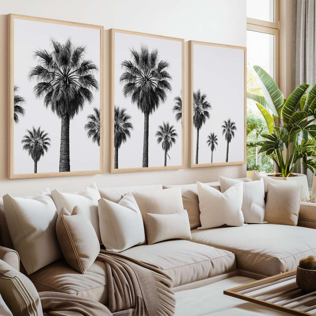 3 Piece Nautical Wall Art – Black and White Palm Tree Set - Natural Wood Framed Poster No Border - Artworksets