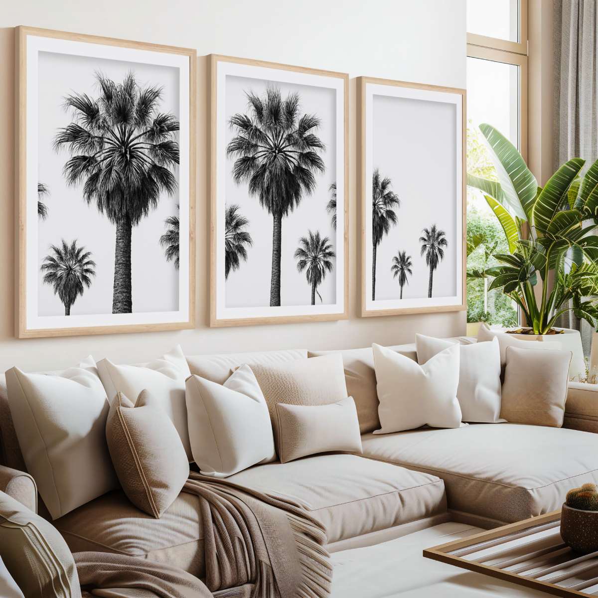 3 Piece Nautical Wall Art – Black and White Palm Tree Set- Natural Wood Framed Poster with White Border - Artworksets