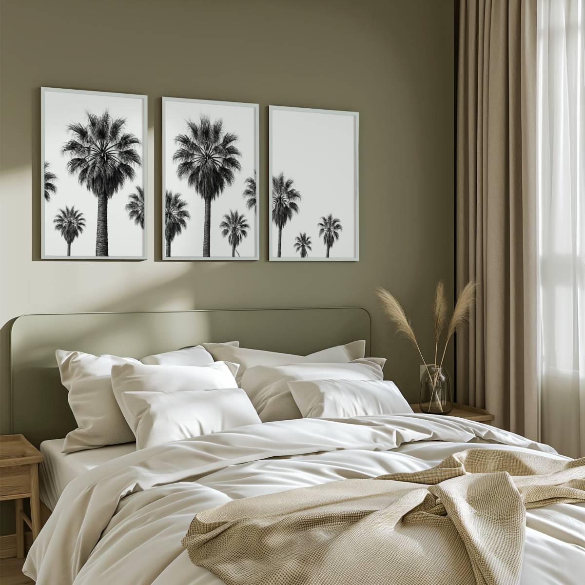 3 Piece Nautical Wall Art – Black and White Palm Tree Set - White Framed Poster No Border - Artworksets