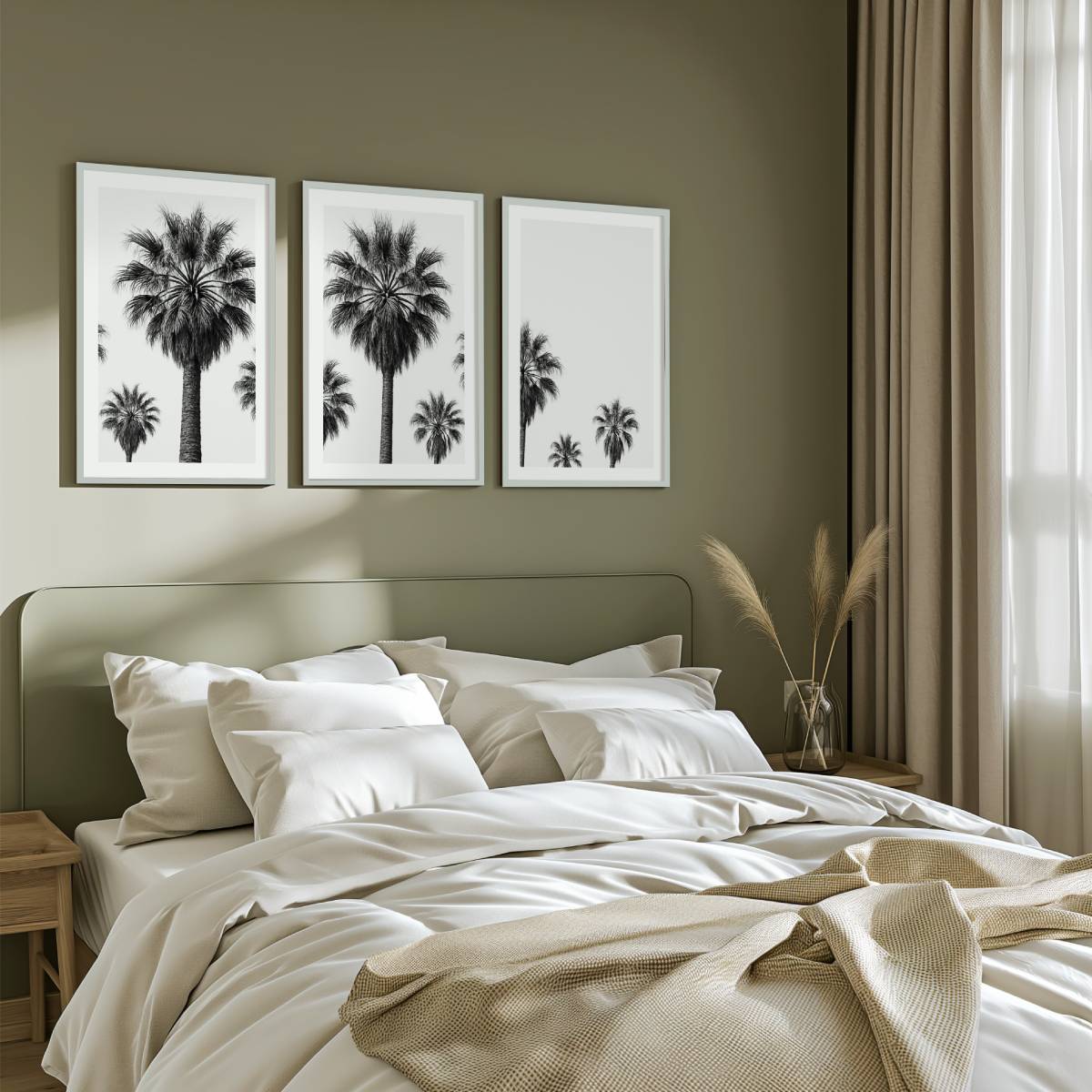 3 Piece Nautical Wall Art – Black and White Palm Tree Set - White Framed Poster with White Border - Artworksets