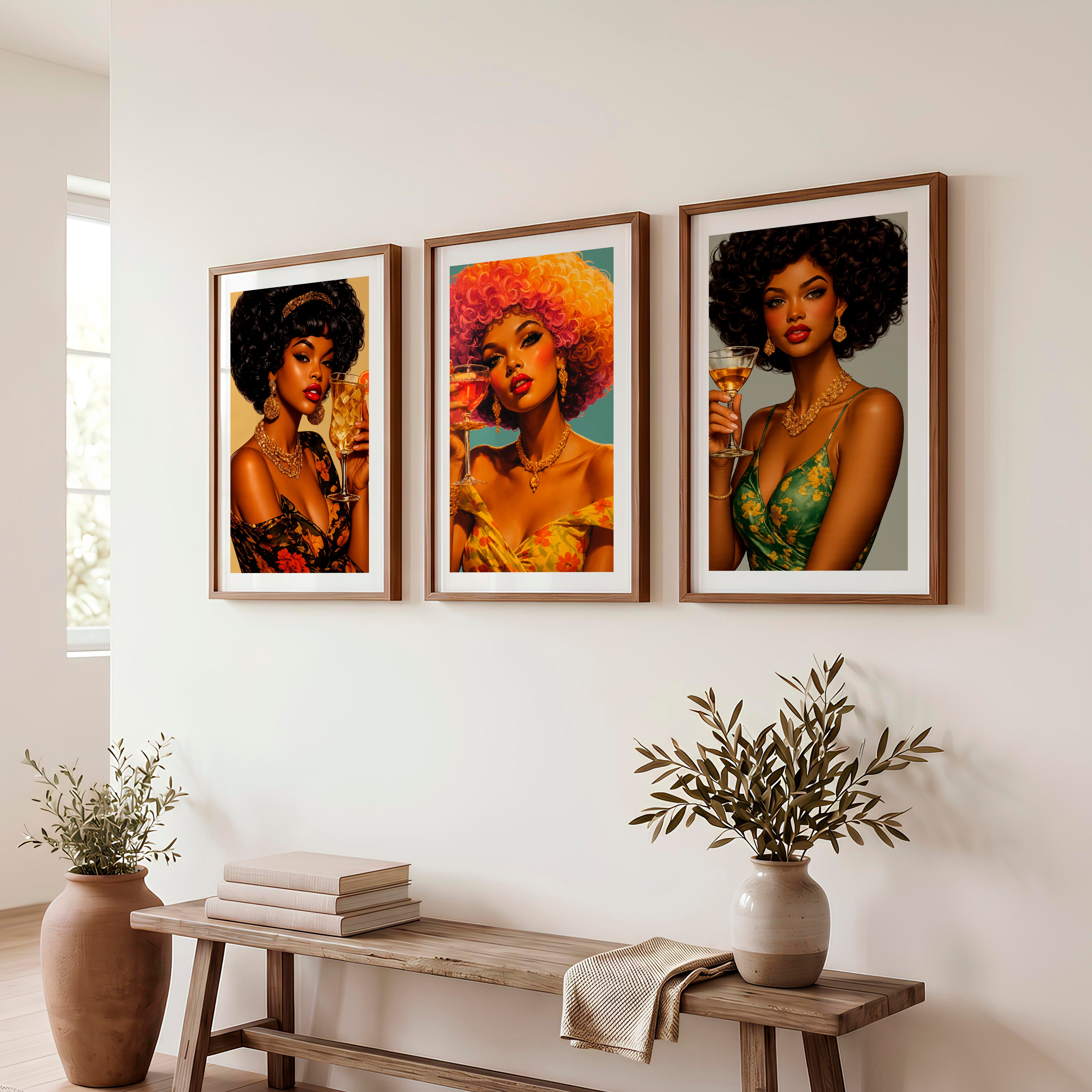 Cocktail Glam 70s retro wall art - Dark Brown Framed Poster with White Border - Artworksets