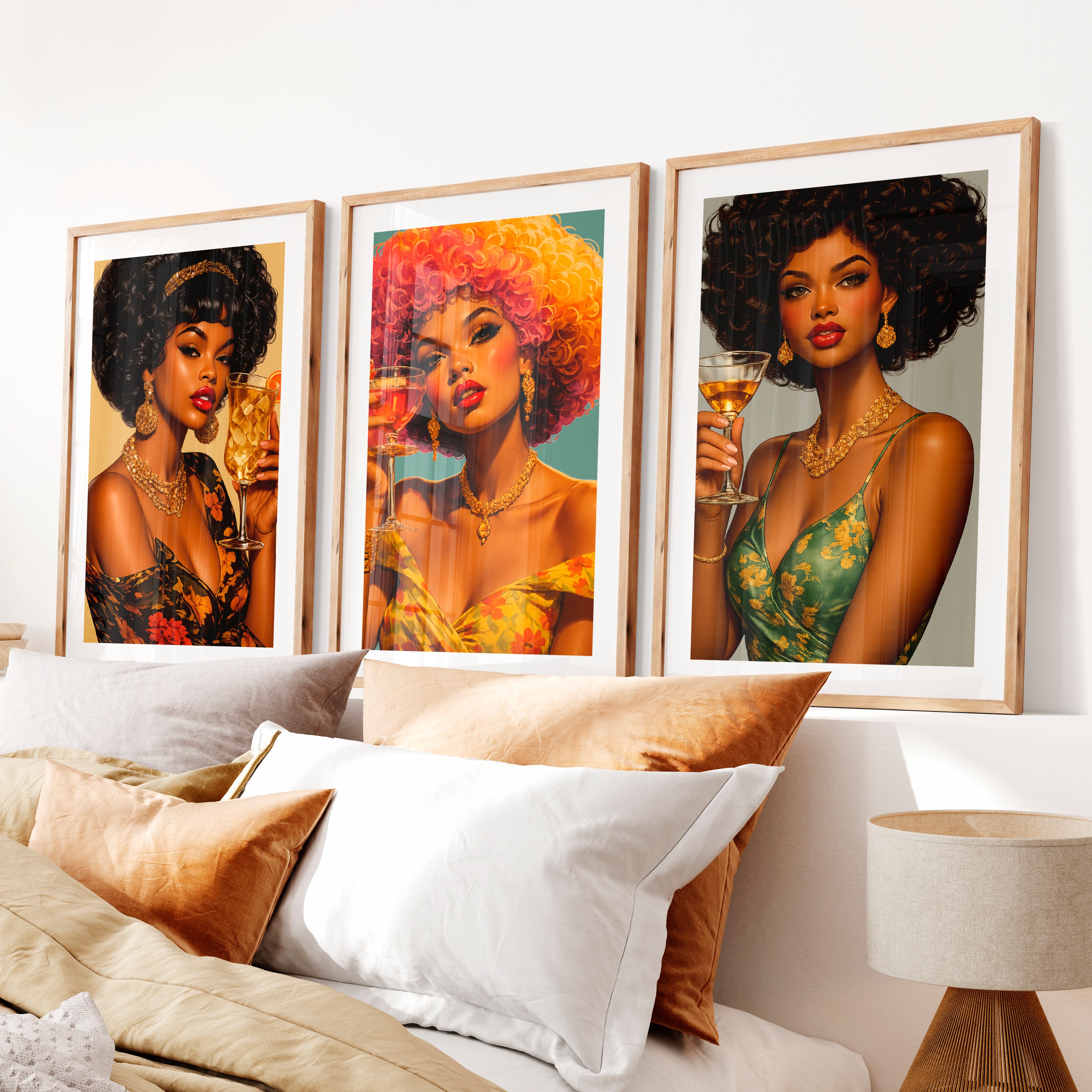 Cocktail Glam 70s retro wall art- Natural Wood Framed Poster with White Border - Artworksets