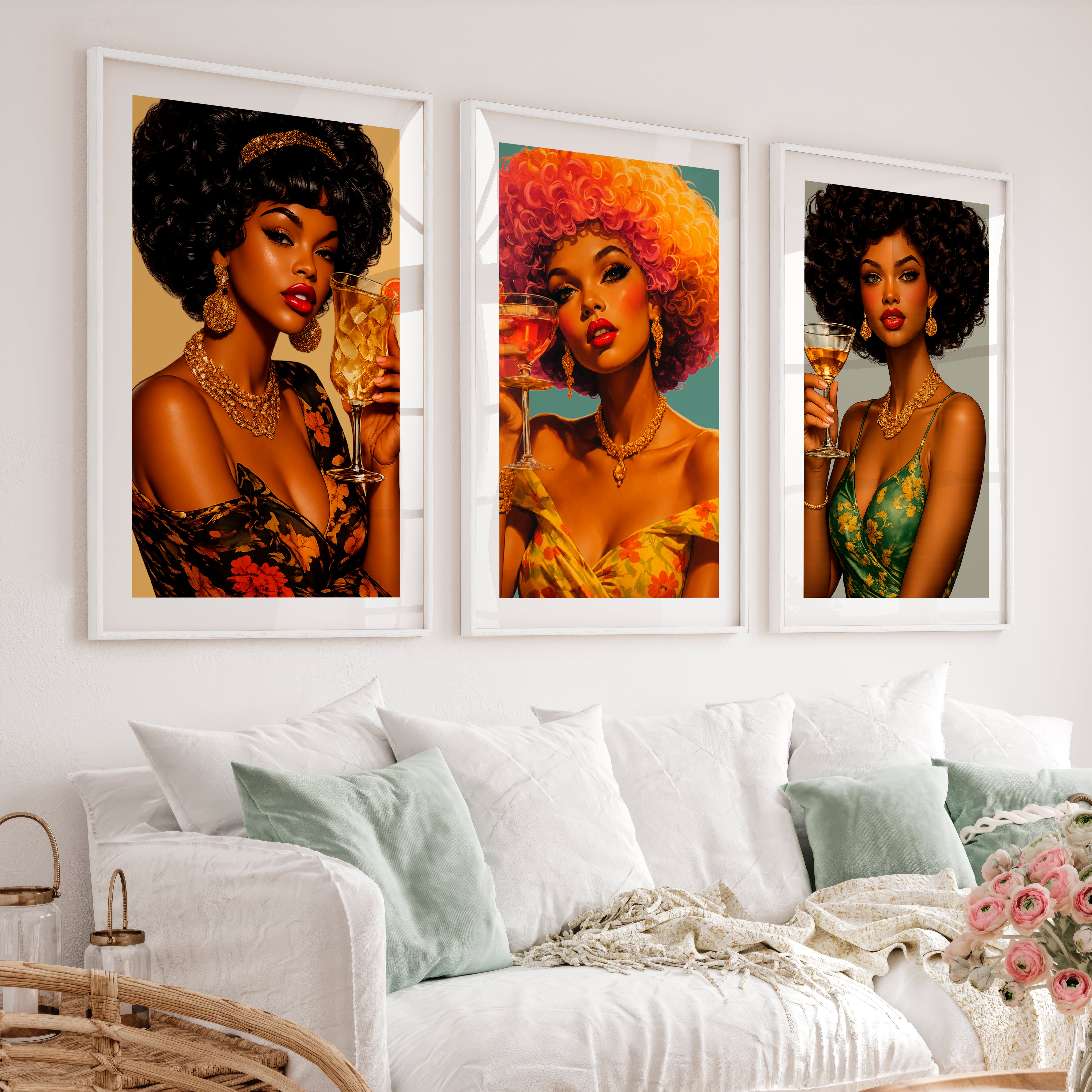 Cocktail Glam 70s retro wall art - White Framed Poster with White Border - Artworksets