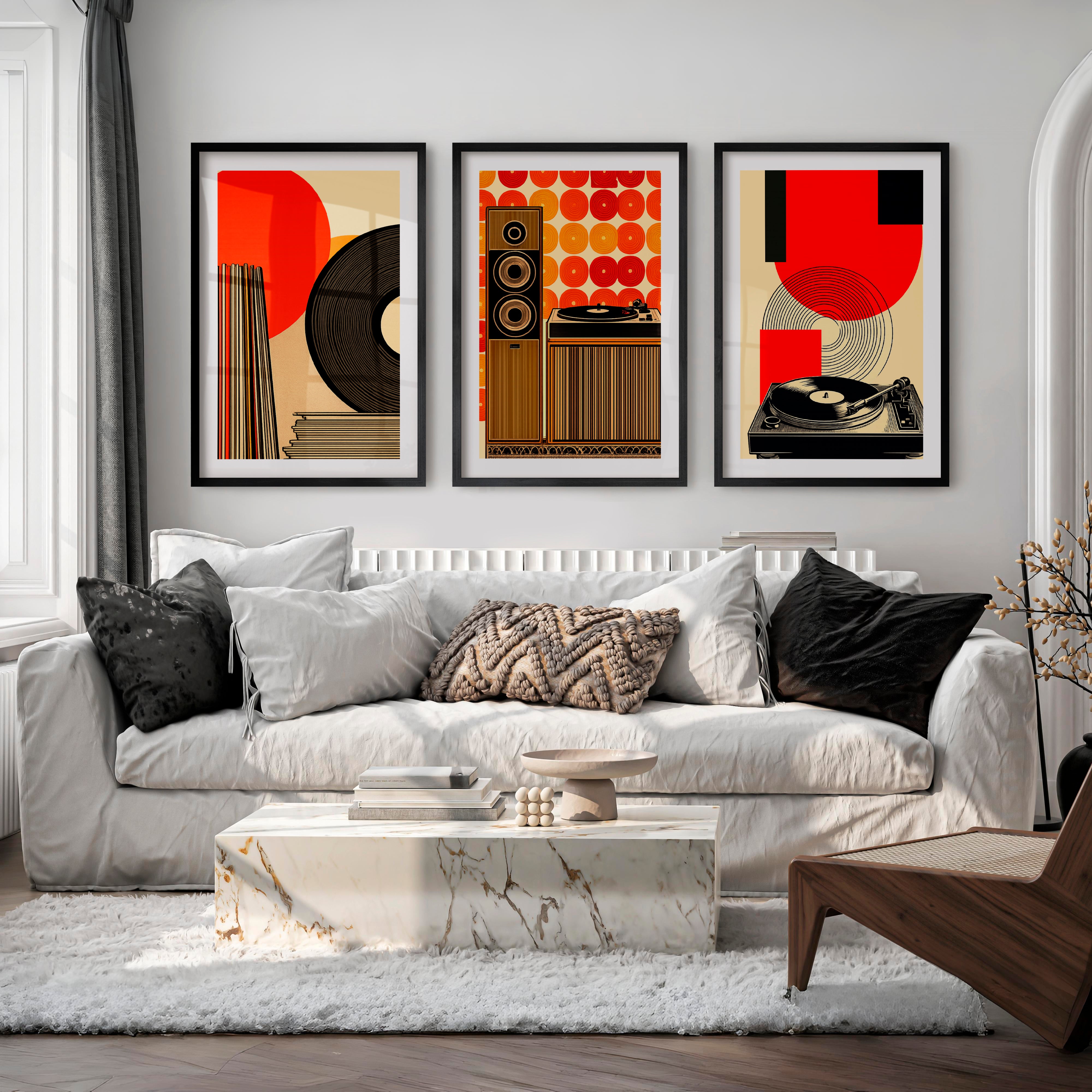 70s Retro Wall Art with Vinyl Stereo Graphics - Black Framed Poster with White Border - Artworksets