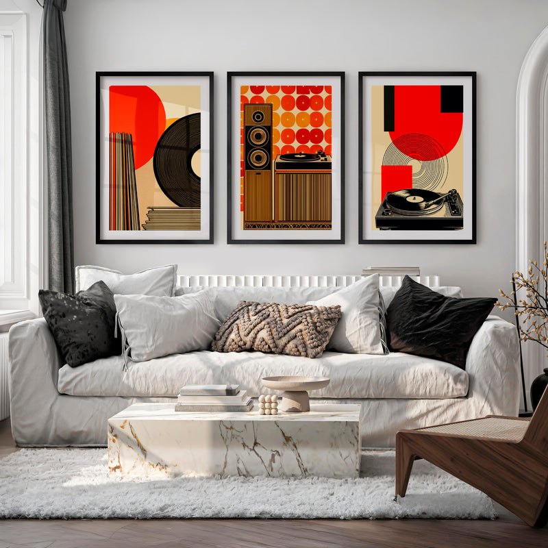70s Retro Wall Art with Vinyl Stereo Graphics - Black Framed Poster with White Border - Artworksets