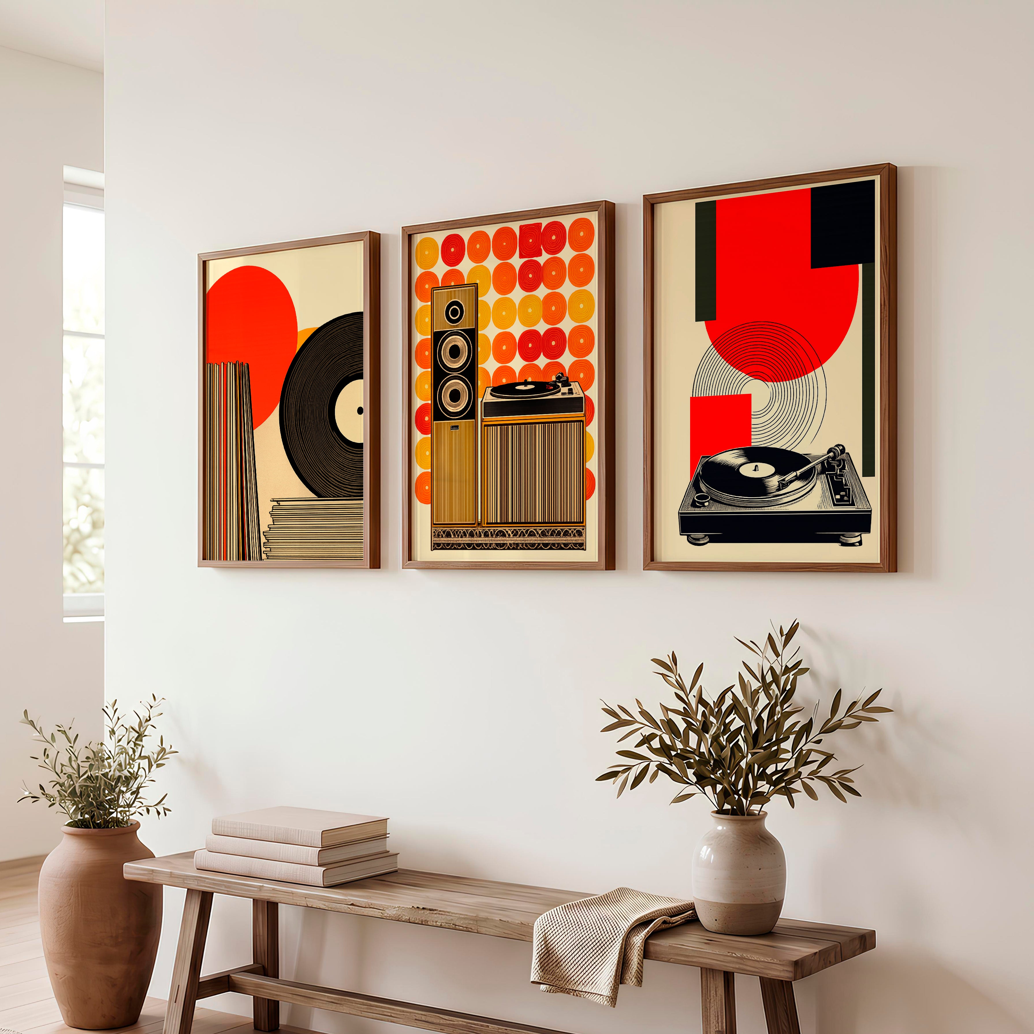 70s Retro Wall Art with Vinyl Stereo Graphics - Dark Brown Framed Poster No Border - Artworksets