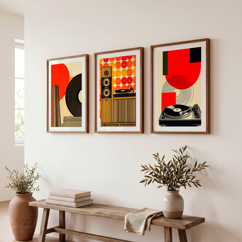 70s Retro Wall Art with Vinyl Stereo Graphics - Dark Brown Framed Poster with White Border - Artworksets