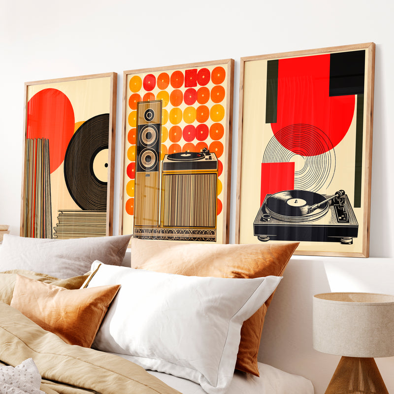 70s Retro Wall Art with Vinyl Stereo Graphics - Natural Wood Framed Poster No Border - Artworksets
