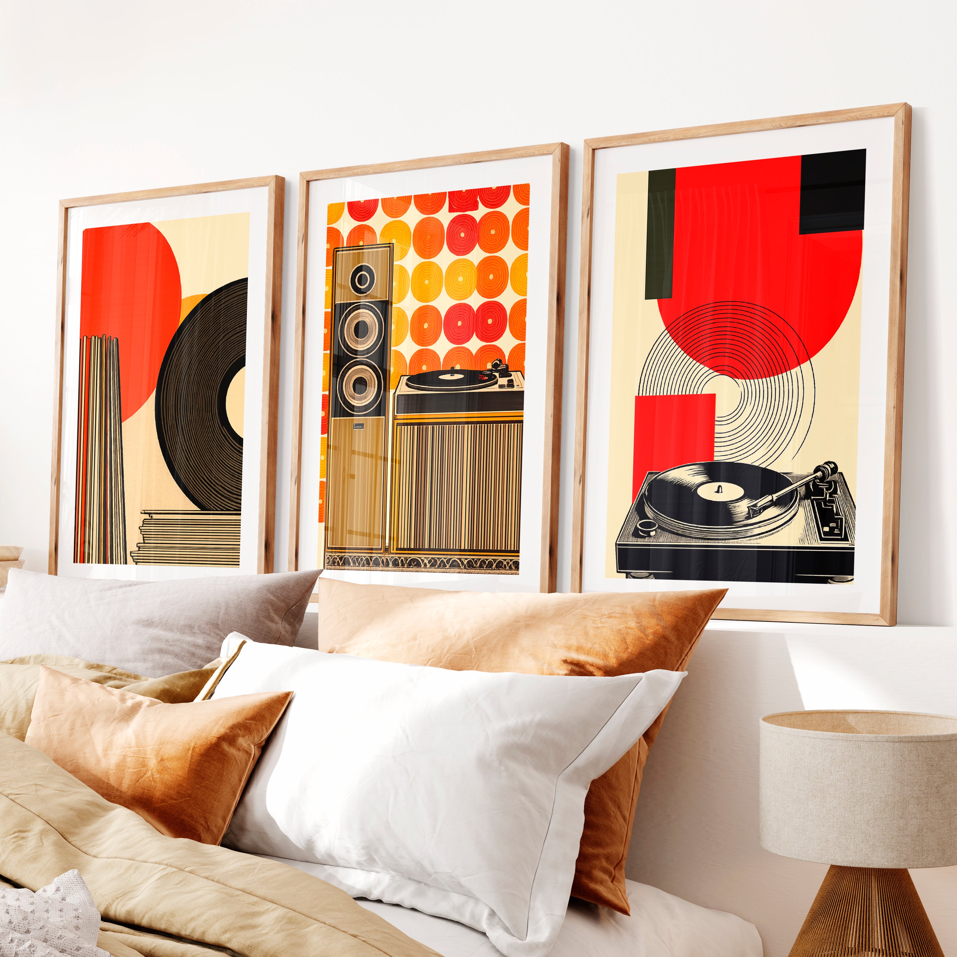 70s Retro Wall Art with Vinyl Stereo Graphics- Natural Wood Framed Poster with White Border - Artworksets