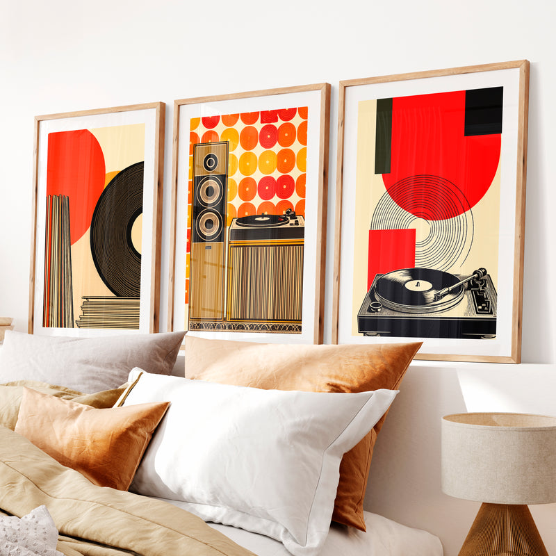70s Retro Wall Art with Vinyl Stereo Graphics- Natural Wood Framed Poster with White Border - Artworksets