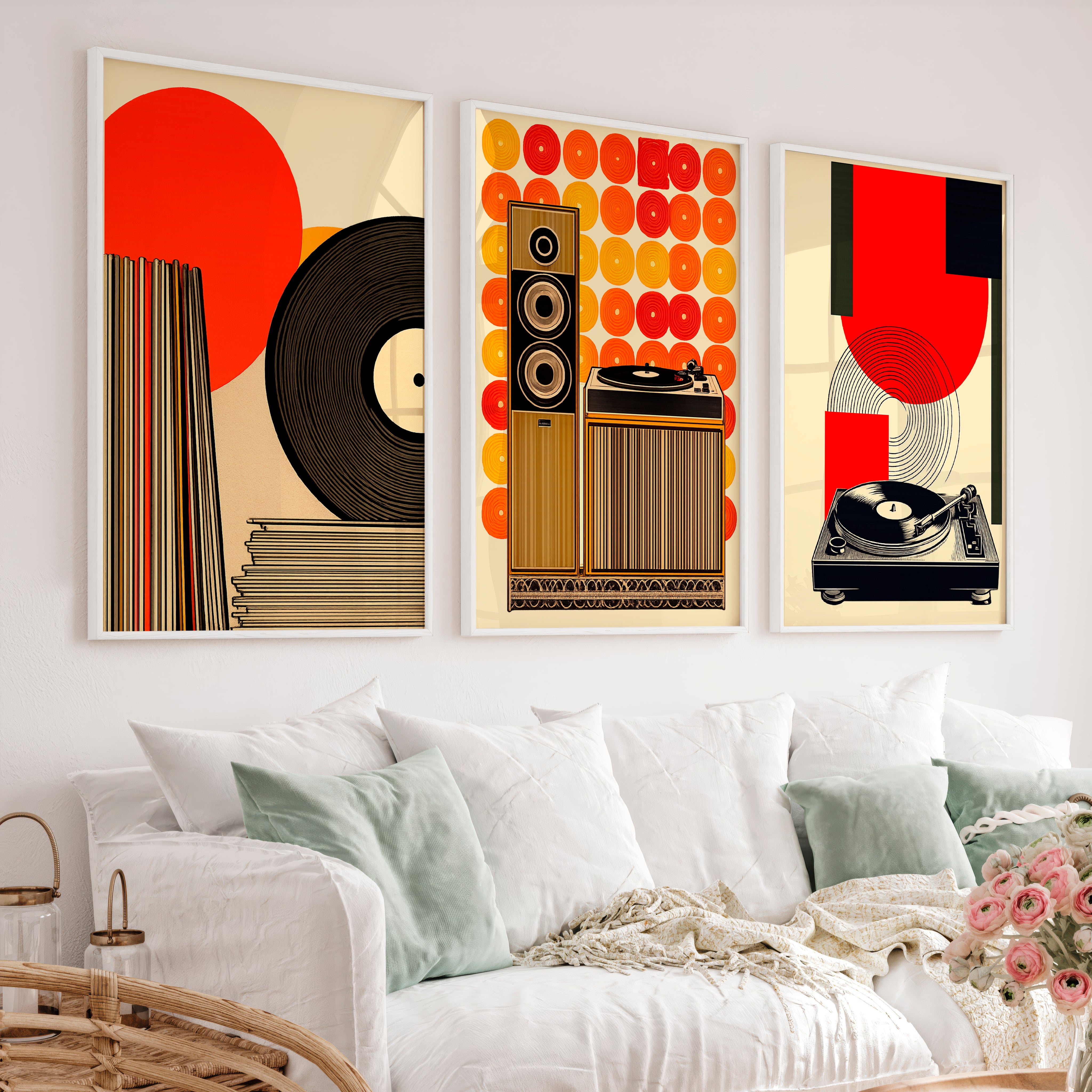 70s Retro Wall Art with Vinyl Stereo Graphics - White Framed Poster No Border - Artworksets