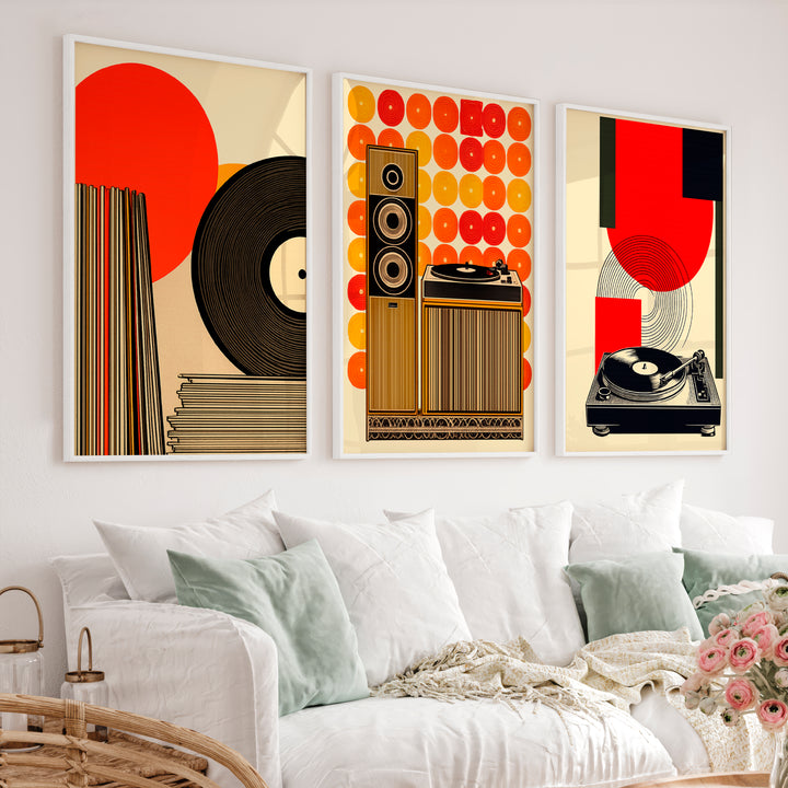 70s Retro Wall Art with Vinyl Stereo Graphics - White Framed Poster No Border - Artworksets