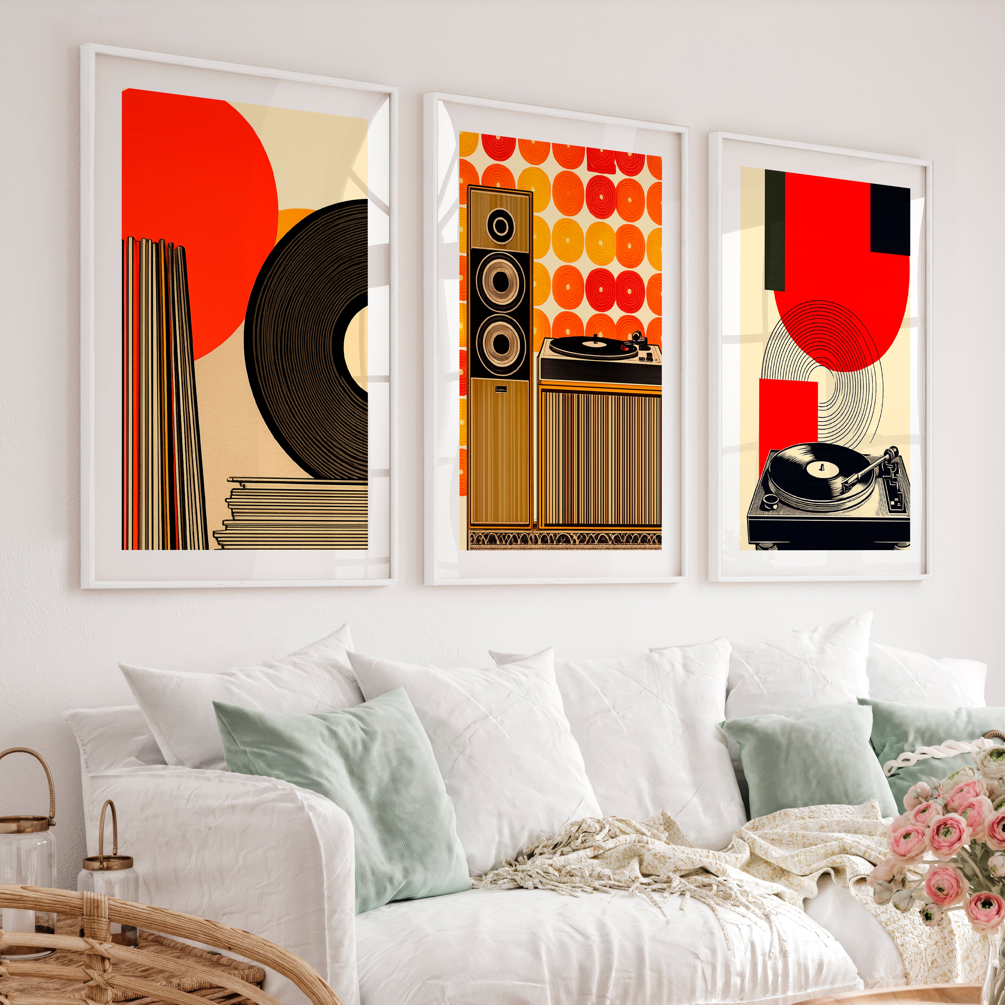 70s Retro Wall Art with Vinyl Stereo Graphics - White Framed Poster with White Border - Artworksets