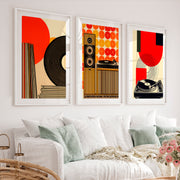 70s Retro Wall Art with Vinyl Stereo Graphics - White Framed Poster with White Border - Artworksets