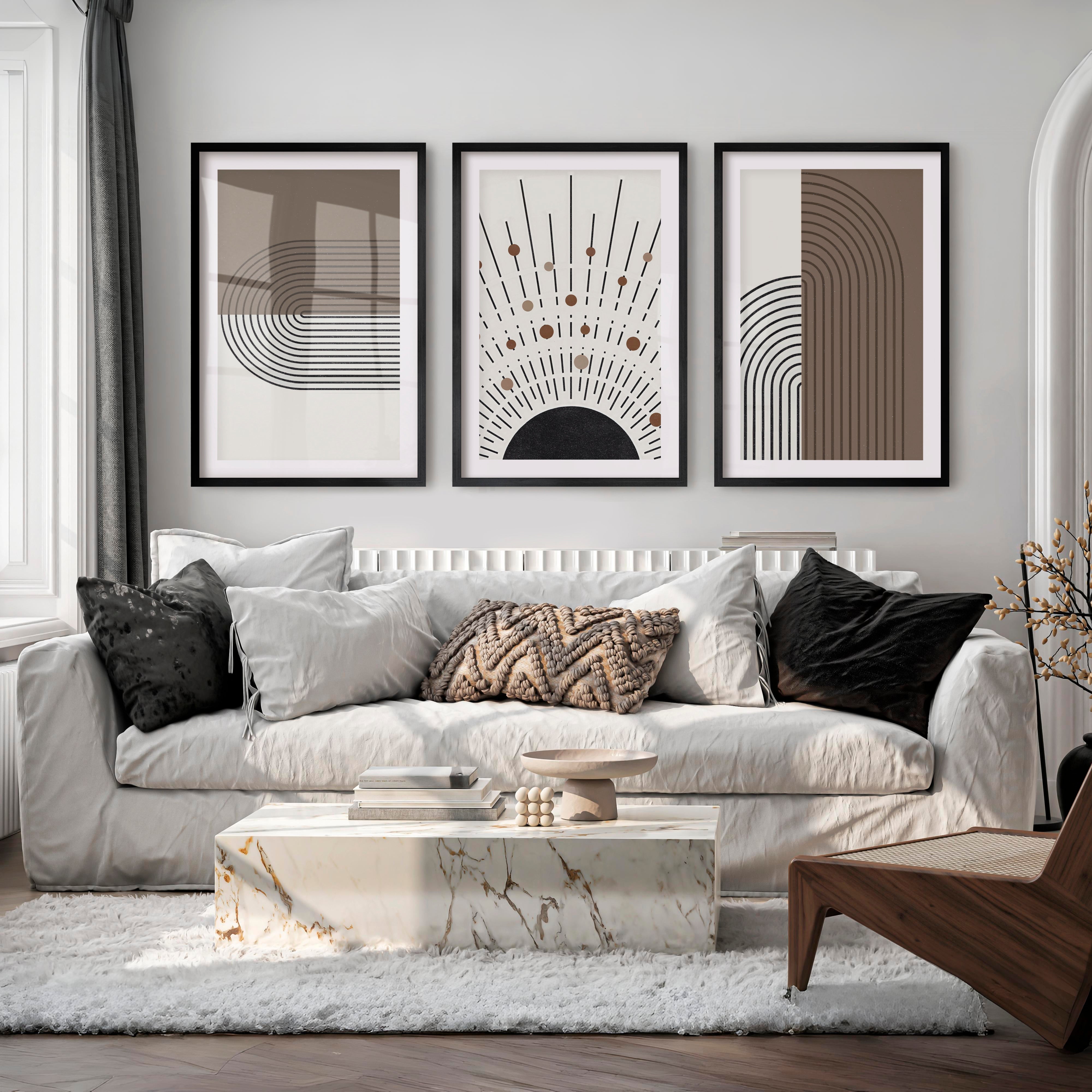 Abstract Art for Sale Modern Geometric Minimal Set of 3 - Black Framed Poster with White Border - Artworksets