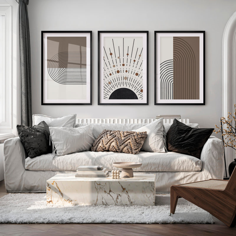 Abstract Art for Sale Modern Geometric Minimal Set of 3 - Black Framed Poster with White Border - Artworksets