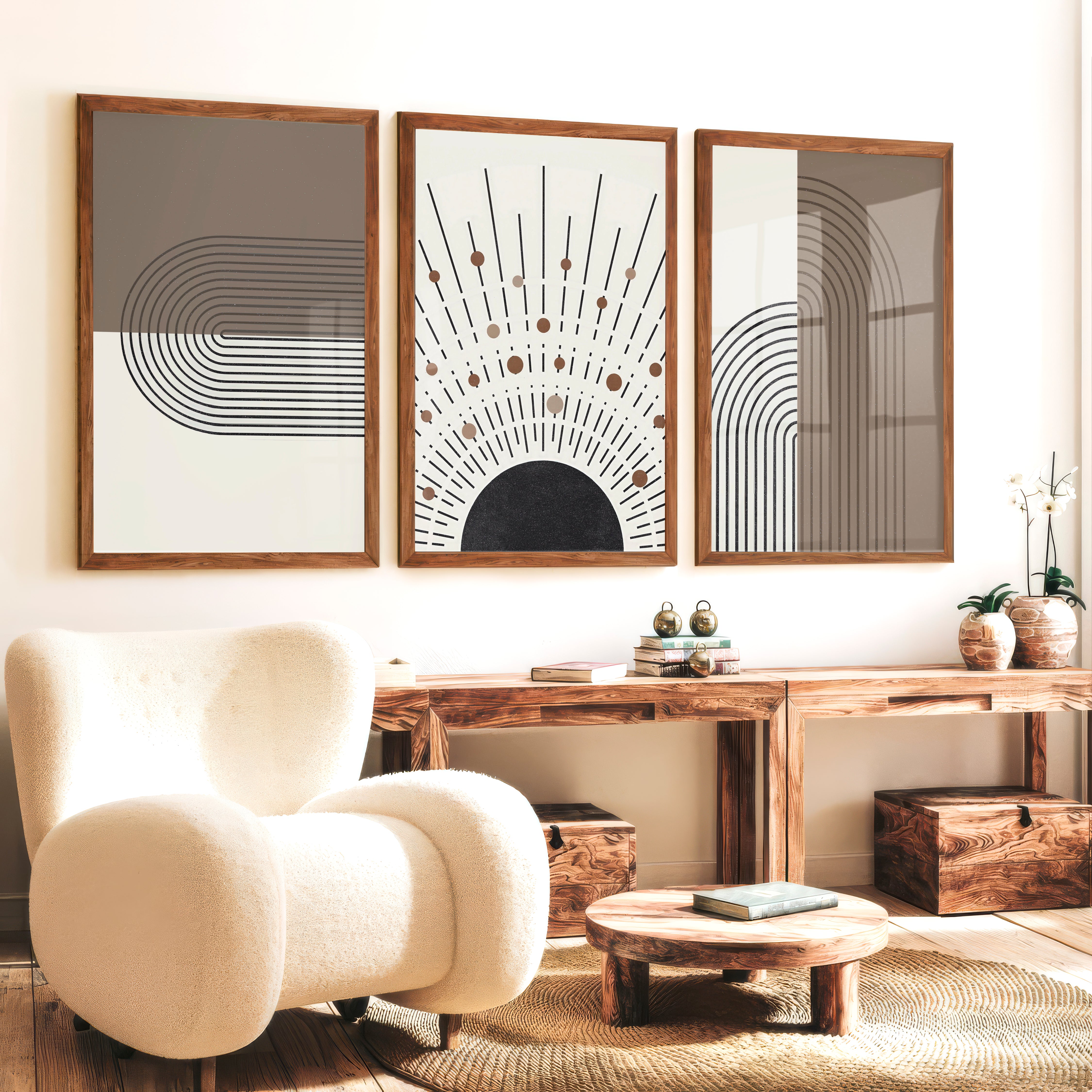 Abstract Art for Sale Modern Geometric Minimal Set of 3 - Dark Brown Framed Poster No Border - Artworksets