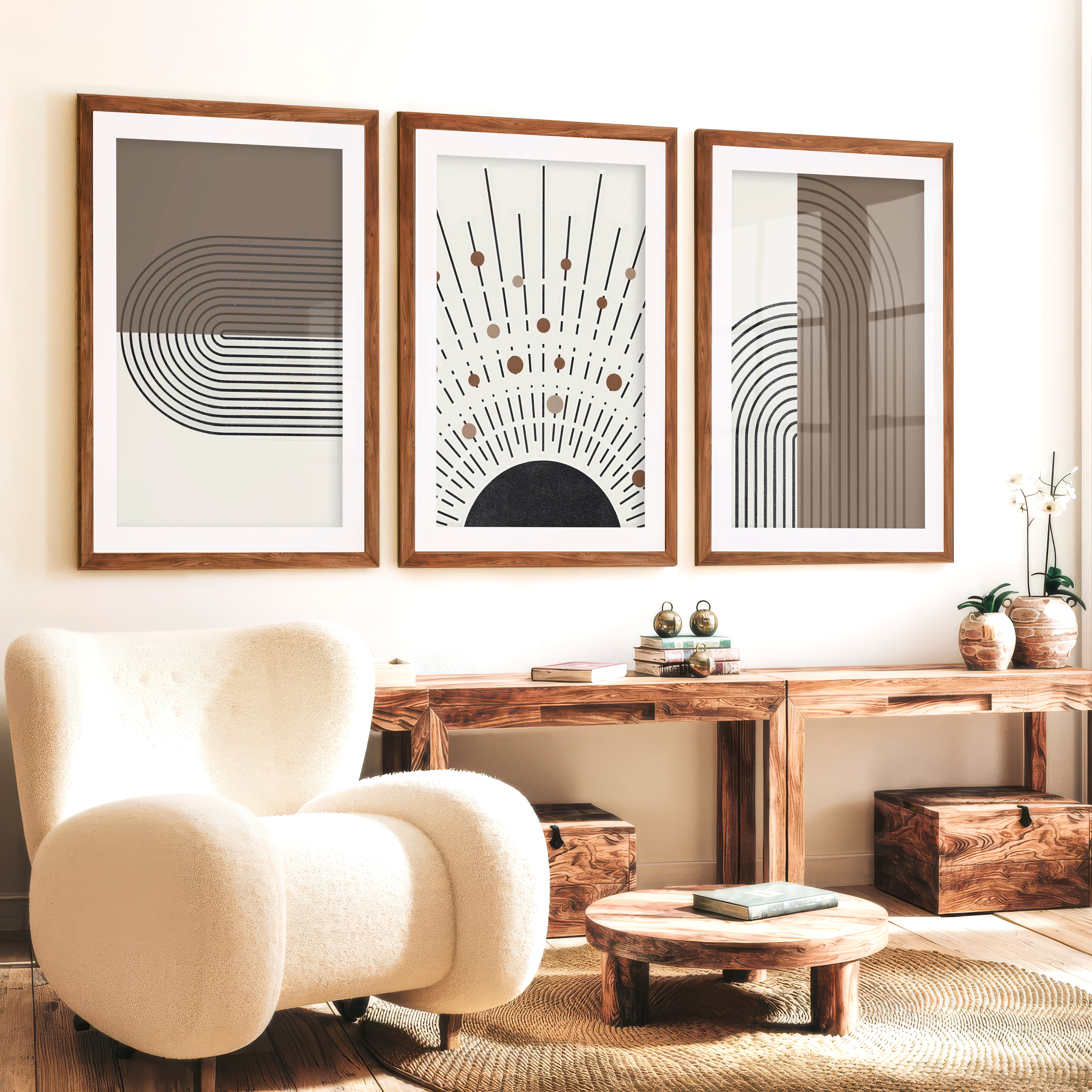 Abstract Art for Sale Modern Geometric Minimal Set of 3 - Dark Brown Framed Poster with White Border - Artworksets