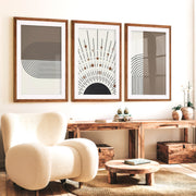 Abstract Art for Sale Modern Geometric Minimal Set of 3 - Dark Brown Framed Poster with White Border - Artworksets