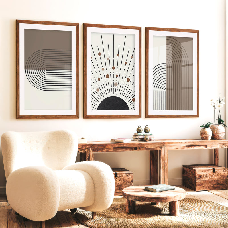 Abstract Art for Sale Modern Geometric Minimal Set of 3 - Dark Brown Framed Poster with White Border - Artworksets