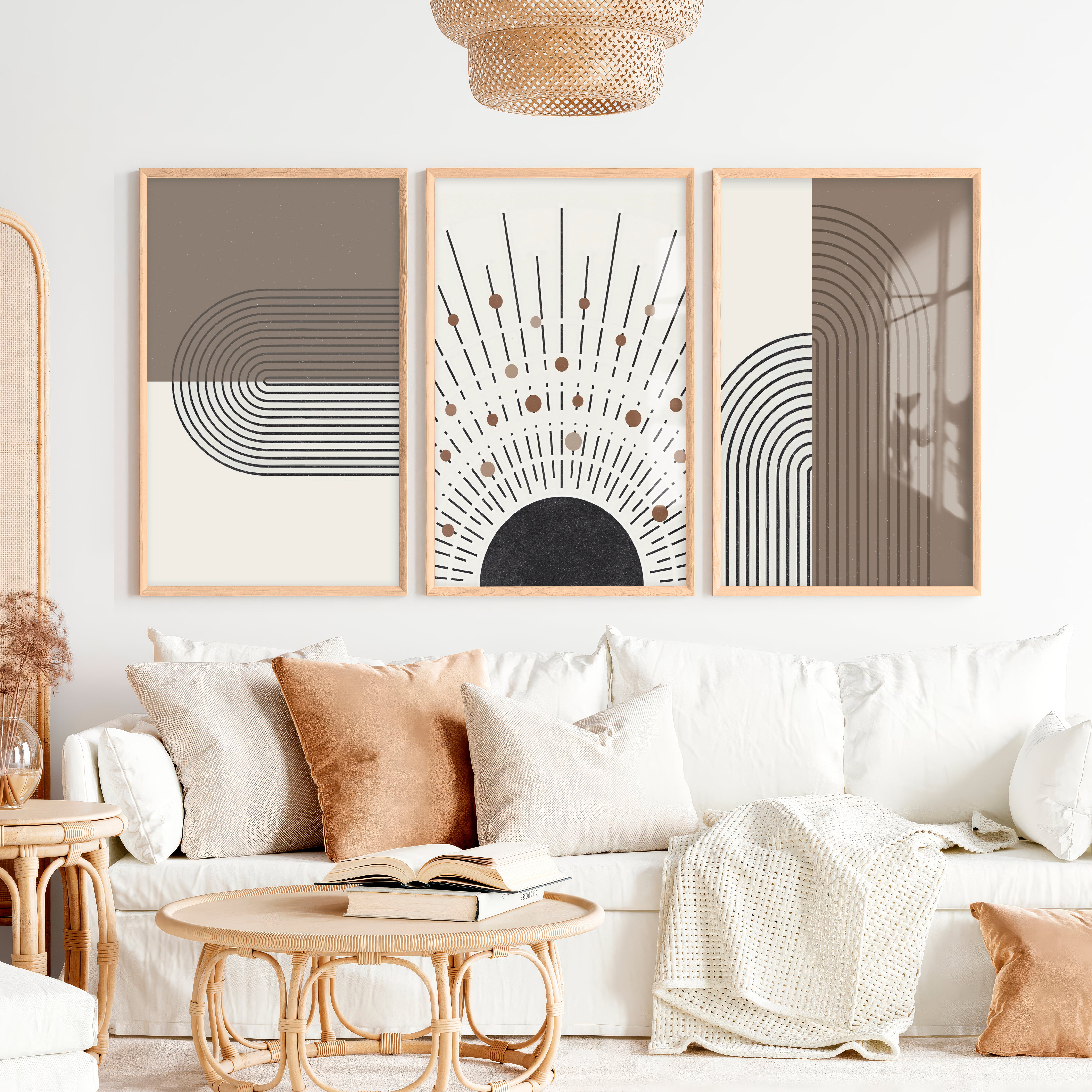 Abstract Art for Sale Modern Geometric Minimal Set of 3 - Natural Wood Framed Poster No Border - Artworksets