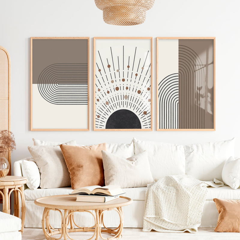 Abstract Art for Sale Modern Geometric Minimal Set of 3 - Natural Wood Framed Poster No Border - Artworksets