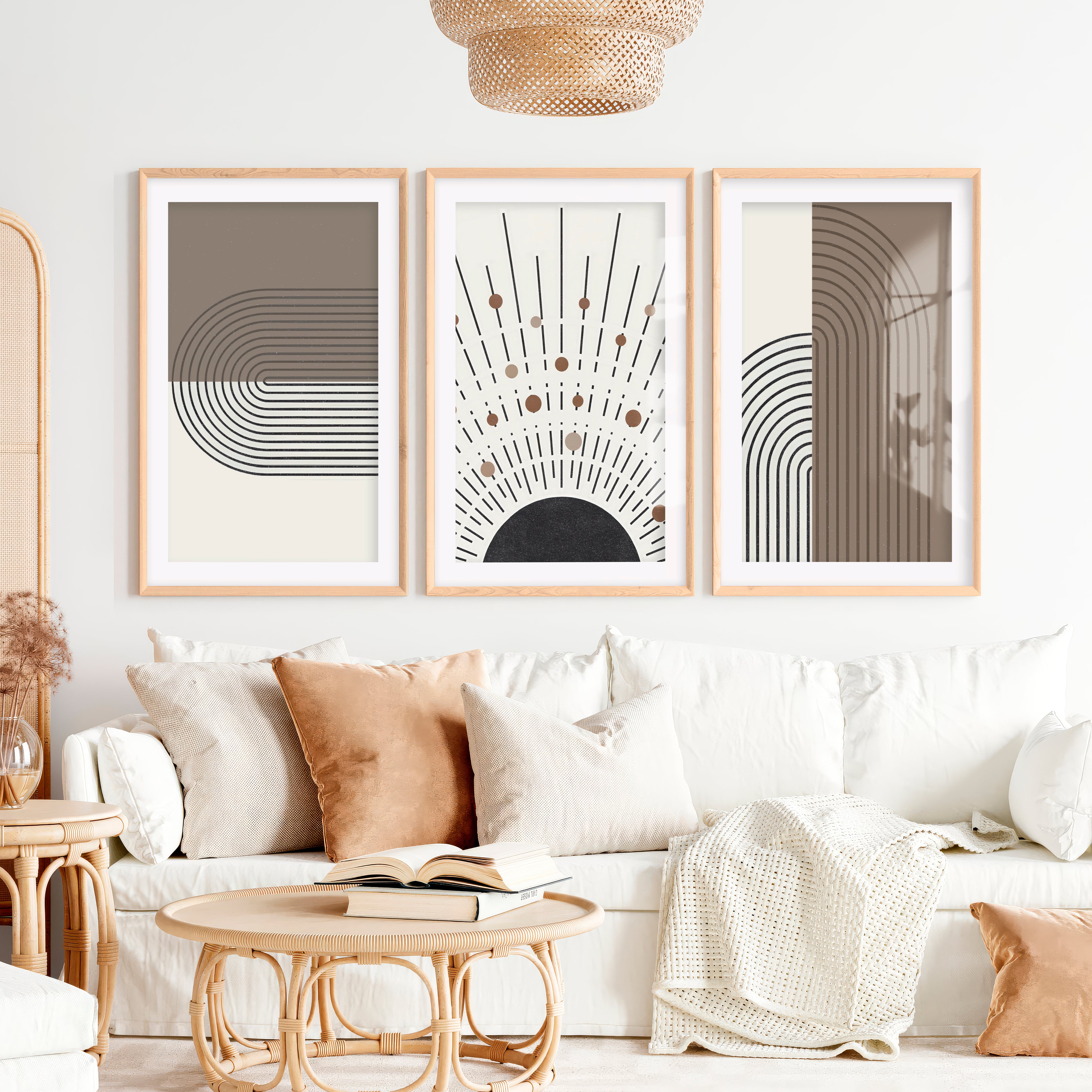 Abstract Art for Sale Modern Geometric Minimal Set of 3- Natural Wood Framed Poster with White Border - Artworksets