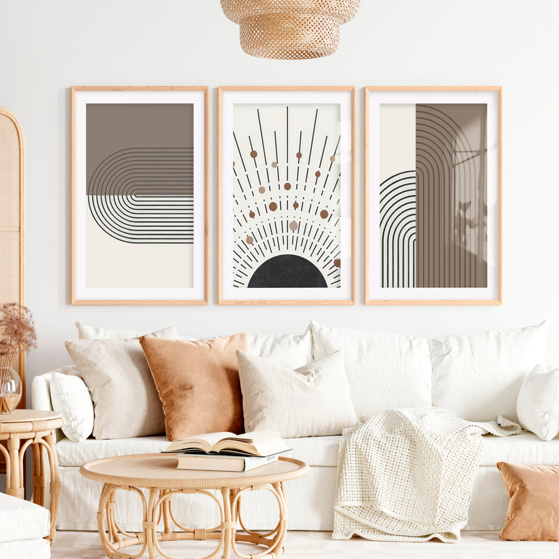 Abstract Art for Sale Modern Geometric Minimal Set of 3- Natural Wood Framed Poster with White Border - Artworksets