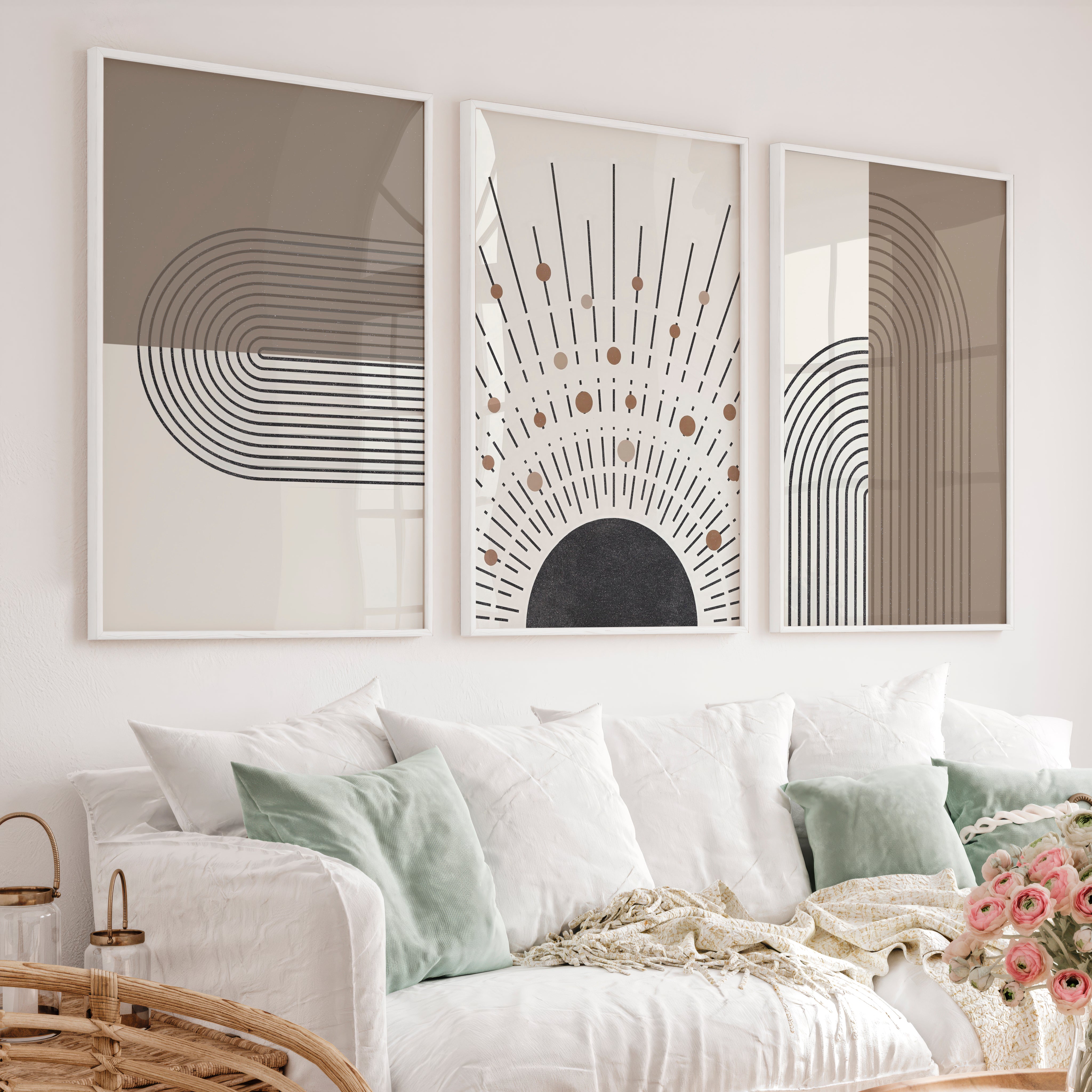 Abstract Art for Sale Modern Geometric Minimal Set of 3 - White Framed Poster No Border - Artworksets