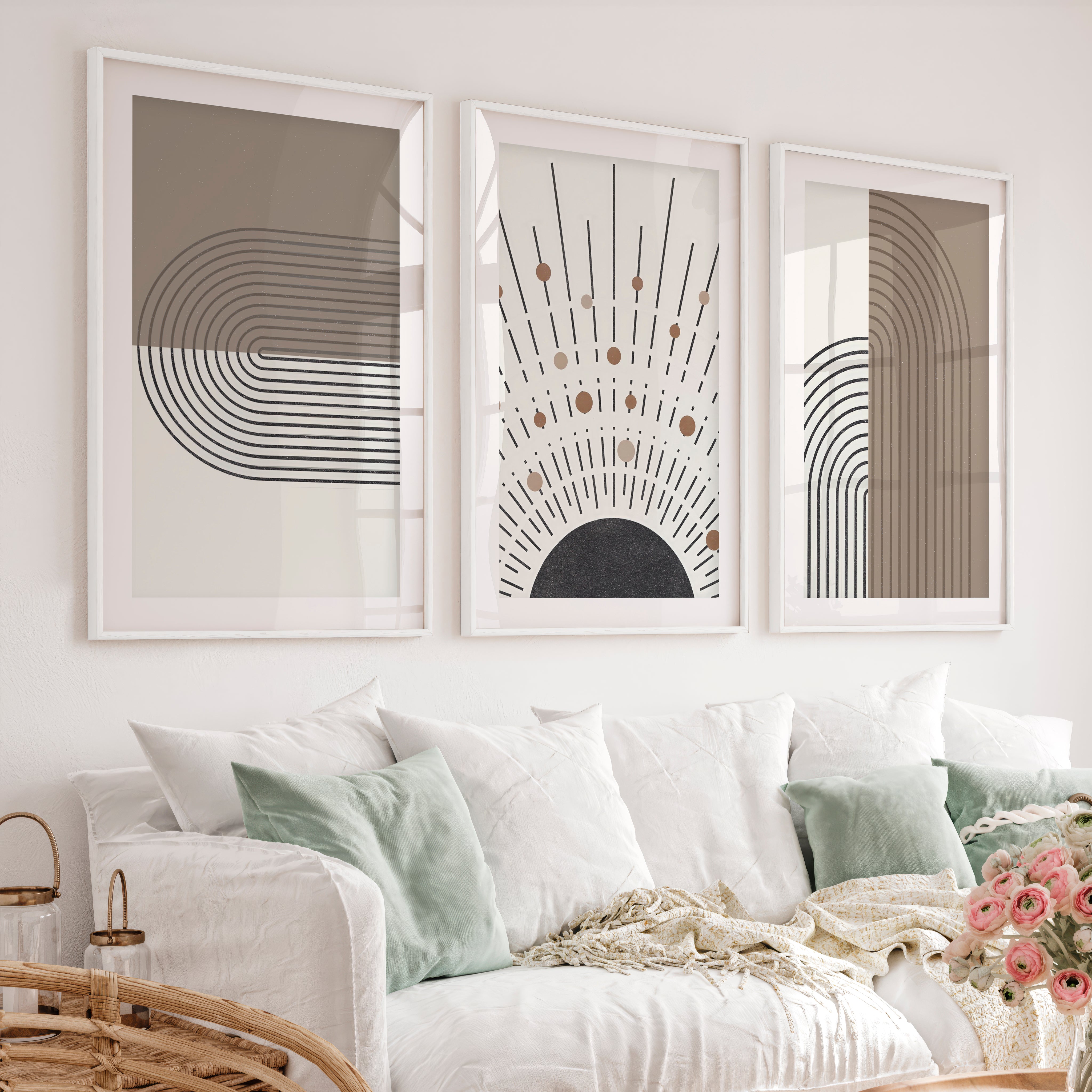 Abstract Art for Sale Modern Geometric Minimal Set of 3 - White Framed Poster with White Border - Artworksets