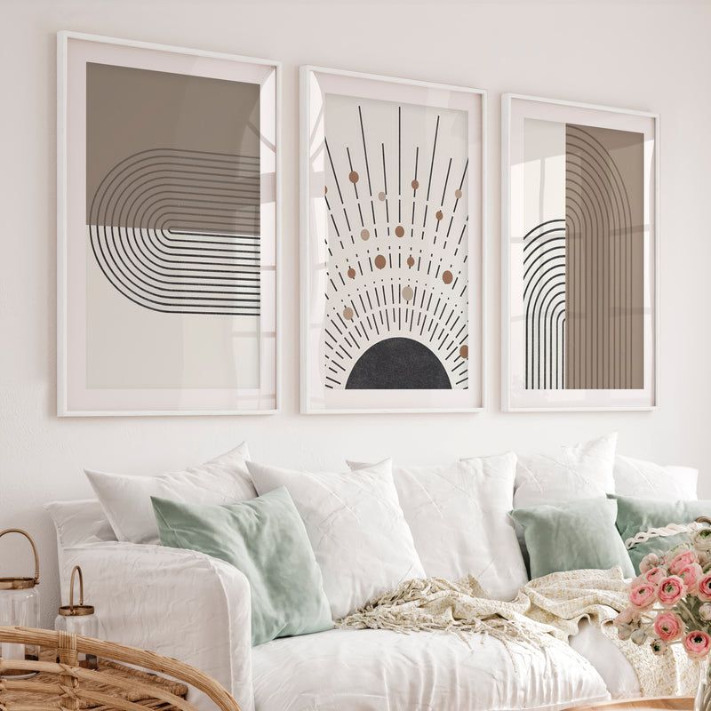 Abstract Art for Sale Modern Geometric Minimal Set of 3 - White Framed Poster with White Border - Artworksets