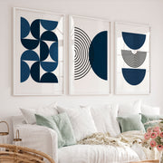 Abstract Art Wall Art Featuring Navy Semi-Circles - White Framed Poster with White Border - Artworksets