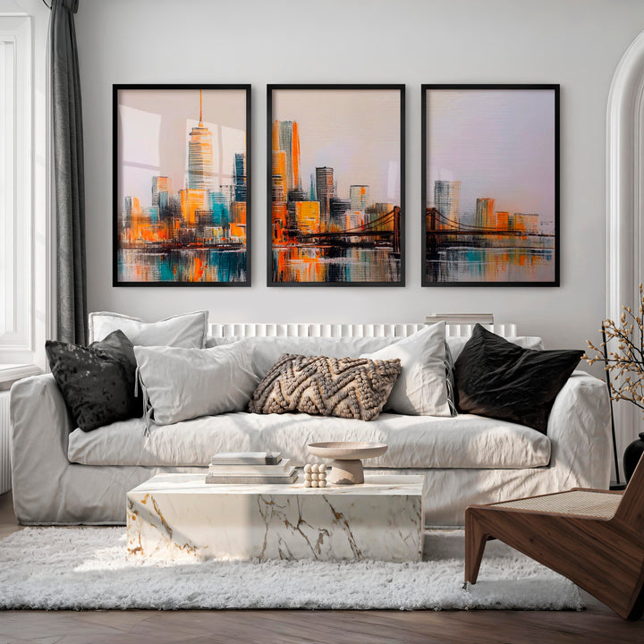 Abstract Cityscape Painting – 3 Piece Modern Skyline Triptych Wall Art - Black Framed Poster No Border - Artworksets