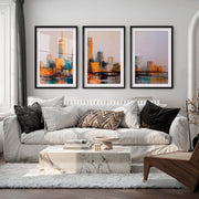 Abstract Cityscape Painting – 3 Piece Modern Skyline Triptych Wall Art - Black Framed Poster with White Border - Artworksets