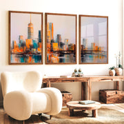 Abstract Cityscape Painting – 3 Piece Modern Skyline Triptych Wall Art - Dark Brown Framed Poster No Border - Artworksets
