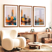 Abstract Cityscape Painting – 3 Piece Modern Skyline Triptych Wall Art - Dark Brown Framed Poster with White Border - Artworksets