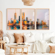 Abstract Cityscape Painting – 3 Piece Modern Skyline Triptych Wall Art - Natural Wood Framed Poster No Border - Artworksets