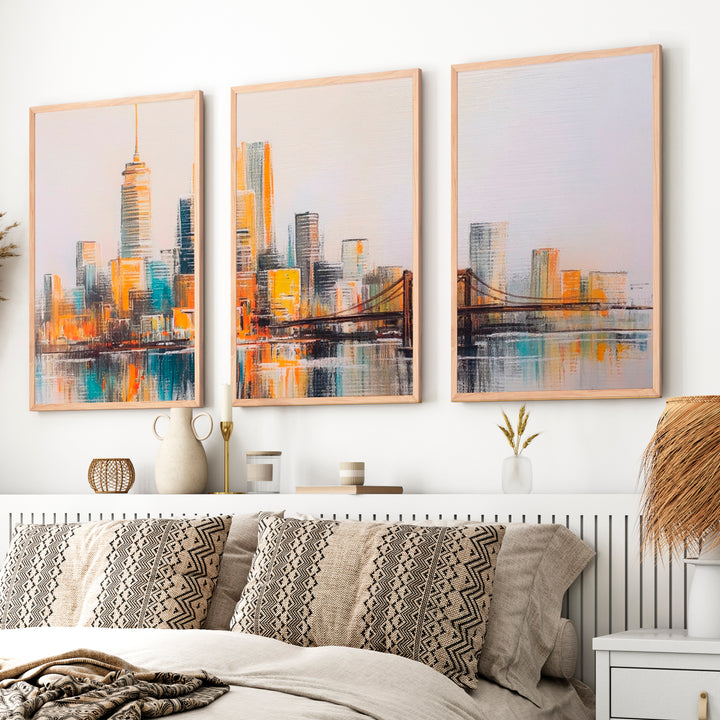 Abstract Cityscape Painting – 3 Piece Modern Skyline Triptych Wall Art - Natural Wood Framed Poster No Border - Artworksets