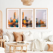 Abstract Cityscape Painting – 3 Piece Modern Skyline Triptych Wall Art- Natural Wood Framed Poster with White Border - Artworksets