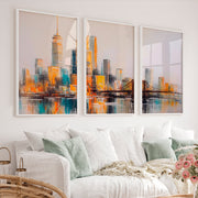 Abstract Cityscape Painting – 3 Piece Modern Skyline Triptych Wall Art - White Framed Poster No Border - Artworksets