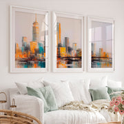 Abstract Cityscape Painting – 3 Piece Modern Skyline Triptych Wall Art - White Framed Poster with White Border - Artworksets