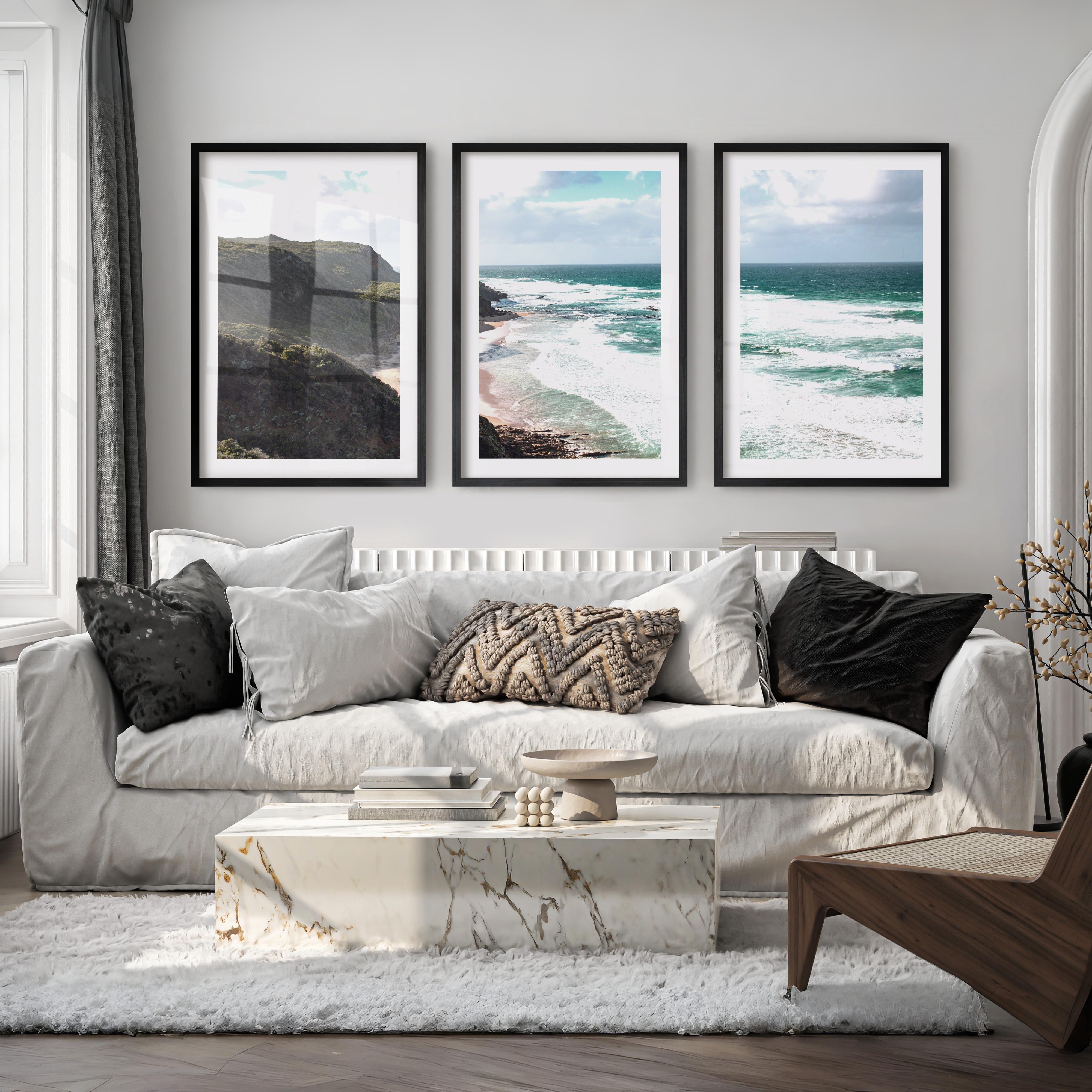 Wave Cliffs Abstract Coastal Prints - Black Framed Poster with White Border - Artworksets