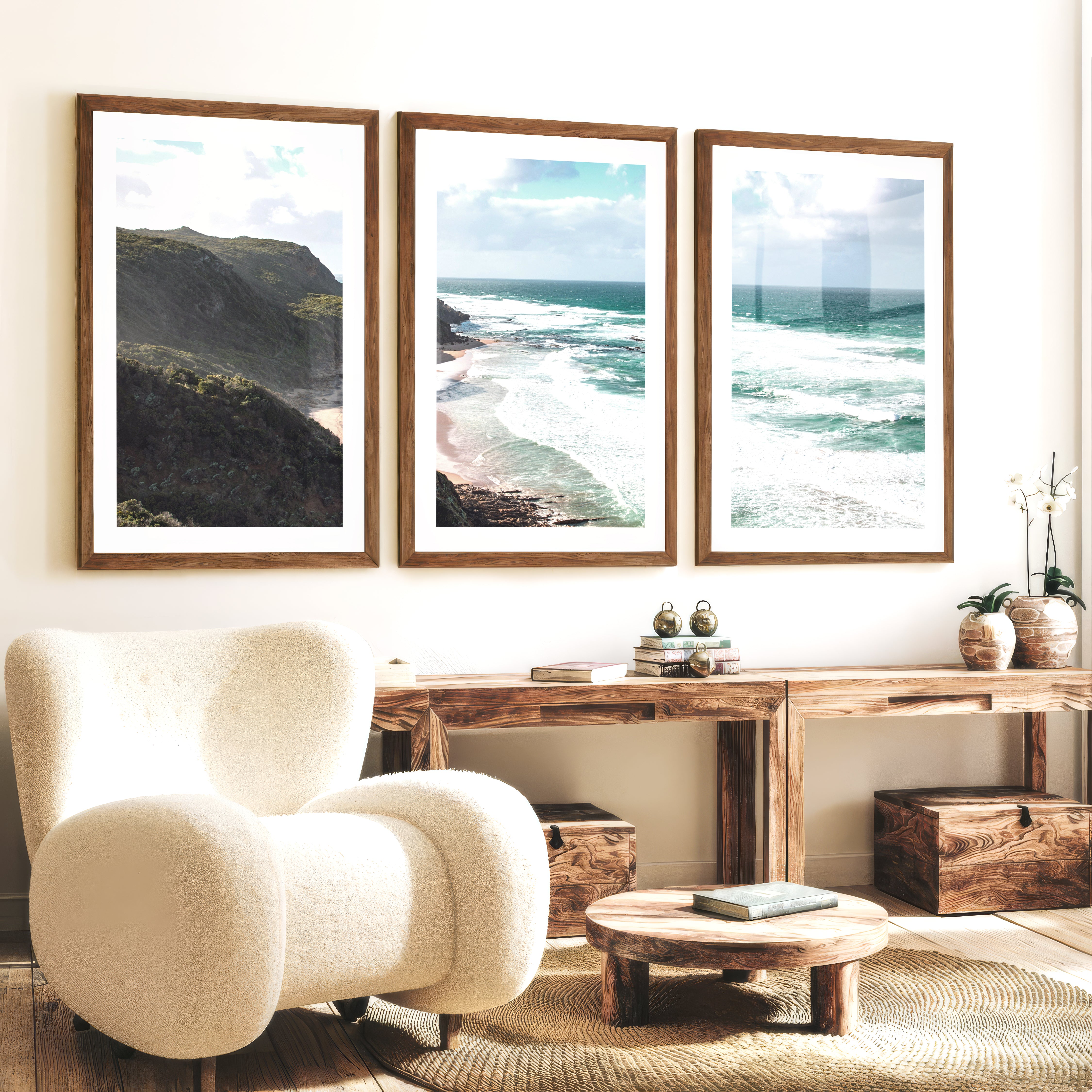 Wave Cliffs Abstract Coastal Prints - Dark Brown Framed Poster with White Border - Artworksets