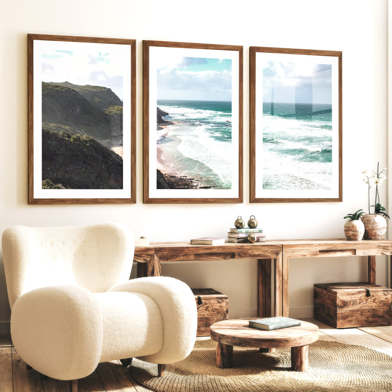 Wave Cliffs Abstract Coastal Prints - Dark Brown Framed Poster with White Border - Artworksets