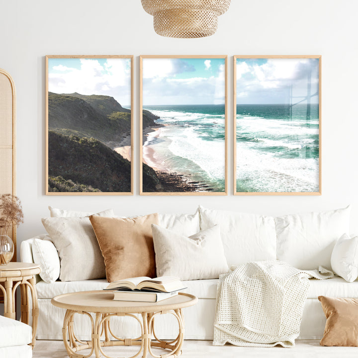 Wave Cliffs Abstract Coastal Prints - Natural Wood Framed Poster No Border - Artworksets