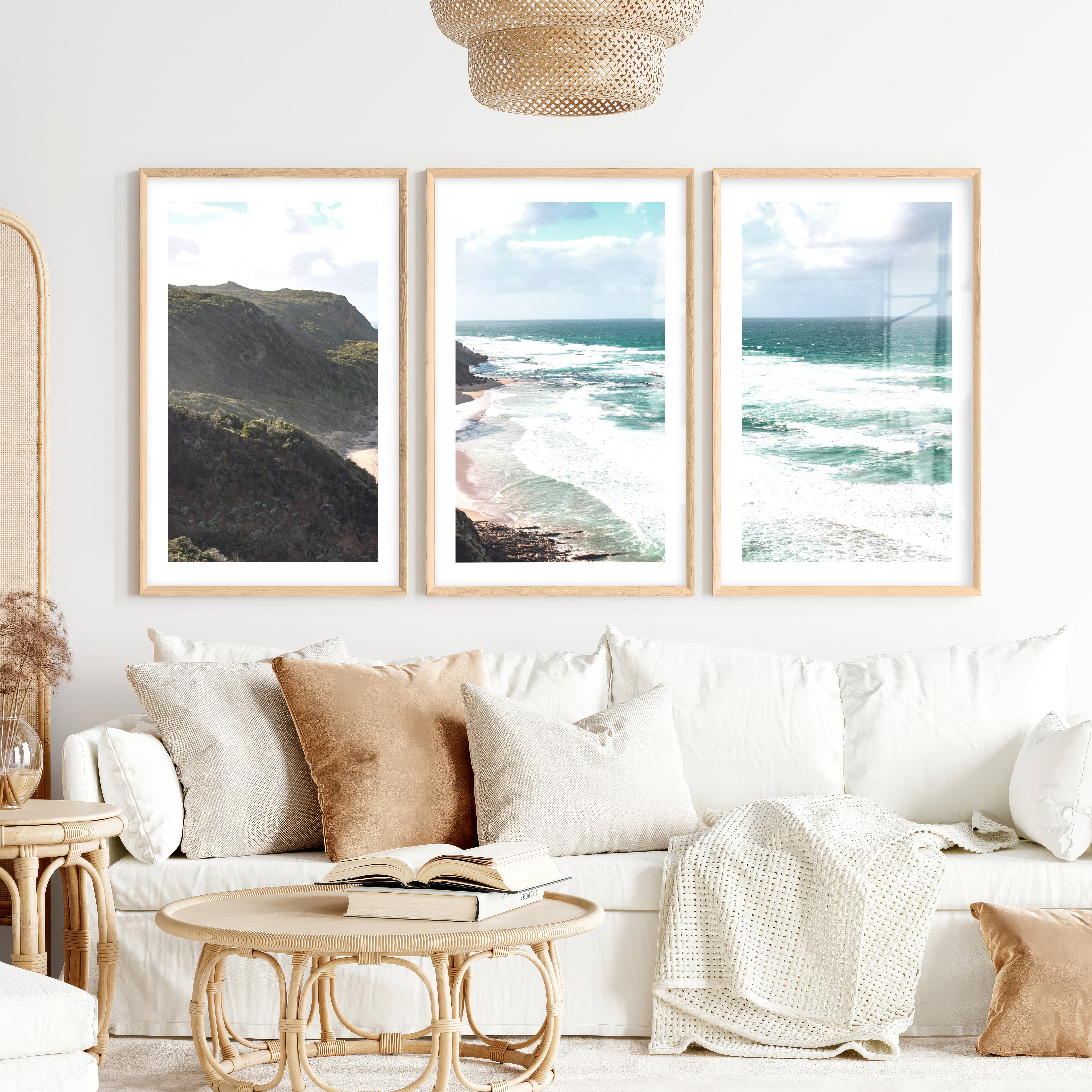 Wave Cliffs Abstract Coastal Prints- Natural Wood Framed Poster with White Border - Artworksets