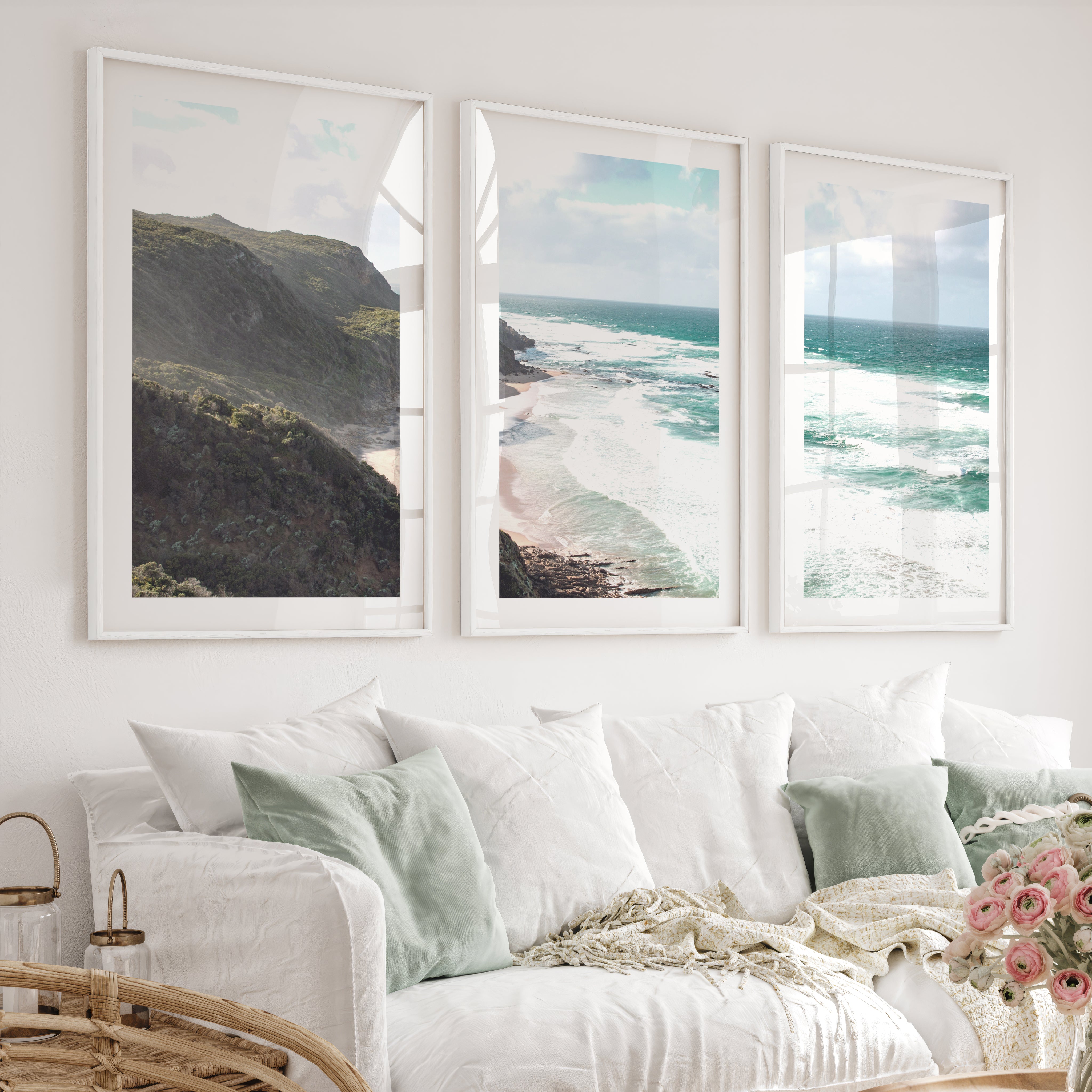 Wave Cliffs Abstract Coastal Prints - White Framed Poster with White Border - Artworksets