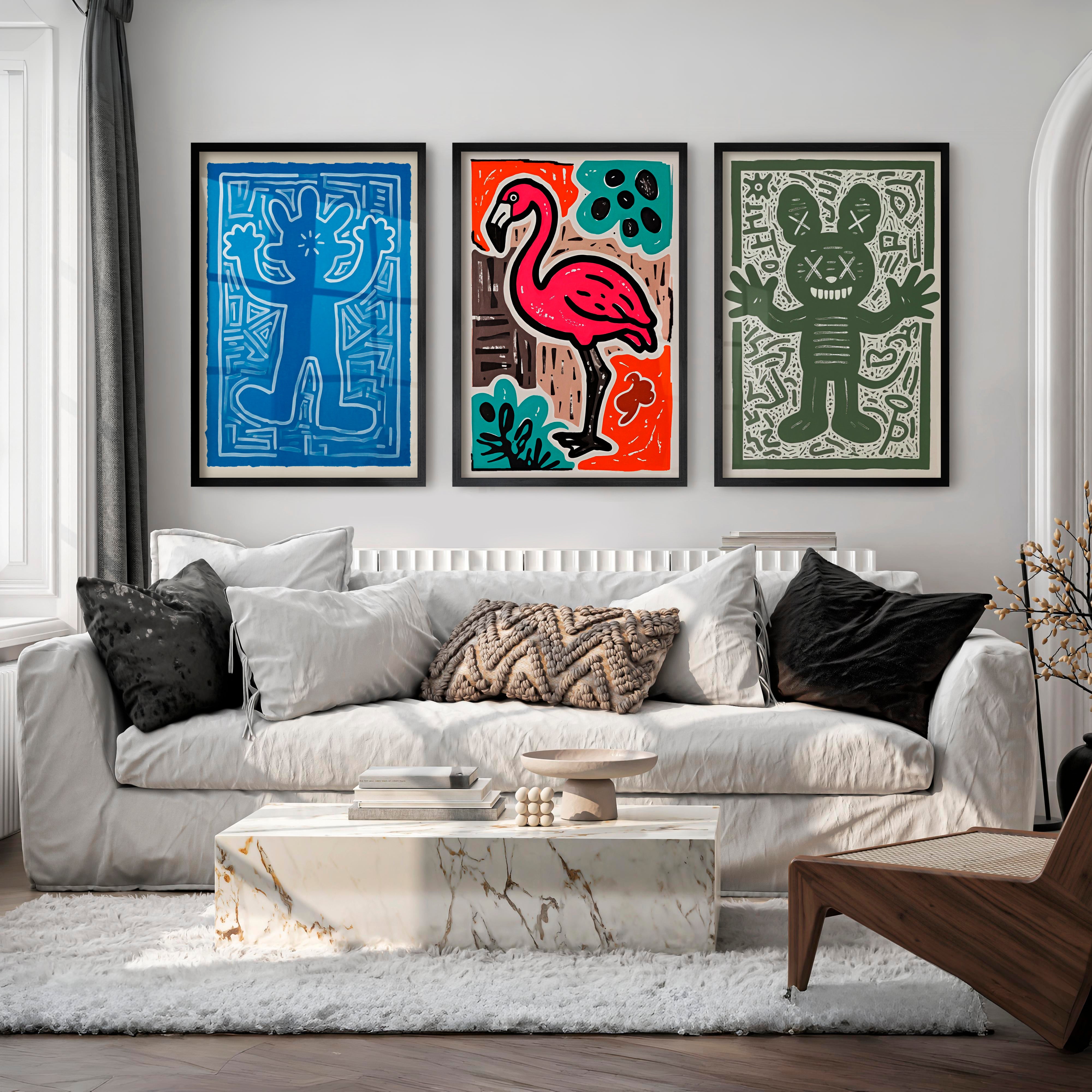 Abstract Colourful Prints – Flamingo & Character Art Set of 3 - Black Framed Poster No Border - Artworksets