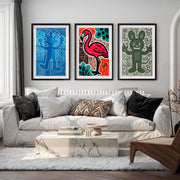 Abstract Colourful Prints – Flamingo & Character Art Set of 3 - Black Framed Poster with White Border - Artworksets