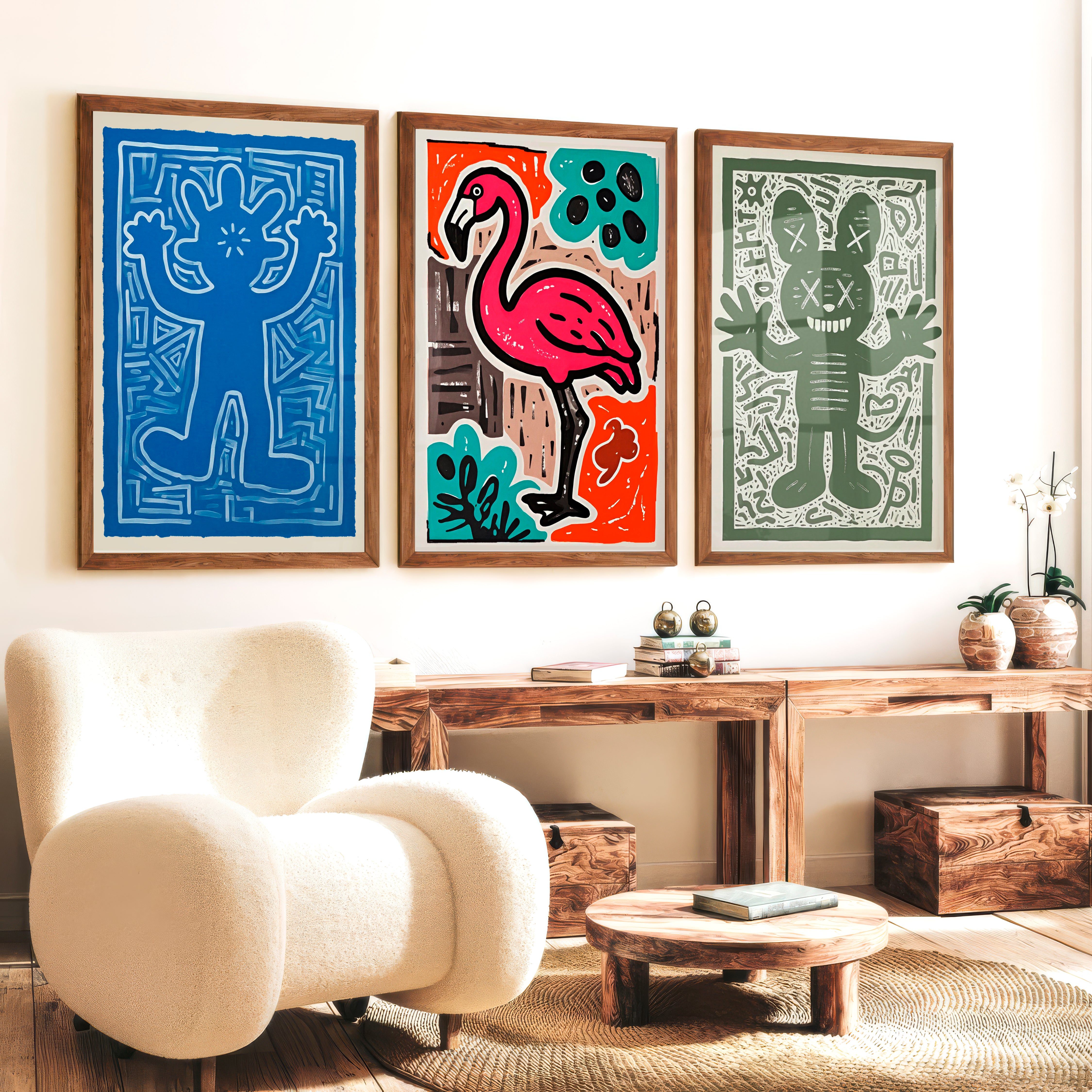 Abstract Colourful Prints – Flamingo & Character Art Set of 3 - Dark Brown Framed Poster No Border - Artworksets